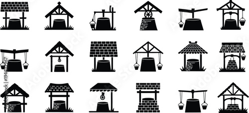 Water well icon set. silhouette traditional village wishing wells with buckets, roofs, vector illustration