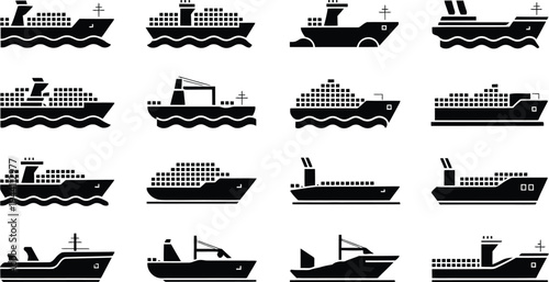 Ship and boat silhouette icon set, cargo, container, cruise, and maritime transport vector illustration