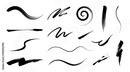 Collection of black brush strokes and artistic lines on a white background for creative design