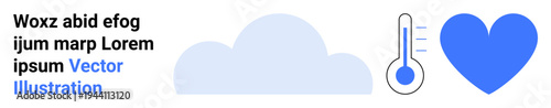 Weather forecast, healthcare monitoring, temperature changes, emotional health, meteorology, wellbeing. A cloud, thermometer and heart in blue. Weather forecast and healthcare monitoring concept