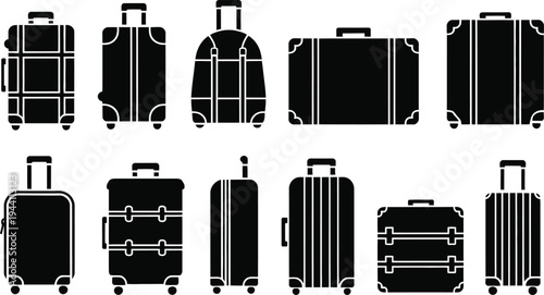Travel luggage and suitcase silhouette vector icon collection
