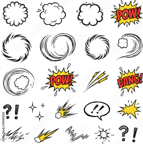 comic explosion effects set with boom pow bang bursts smoke clouds lightning and pop art symbols cartoon vector illustration collection on transparent background