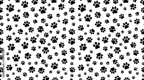 Repeating pattern of black paw prints on a white background, suitable for fabric or wallpaper design
