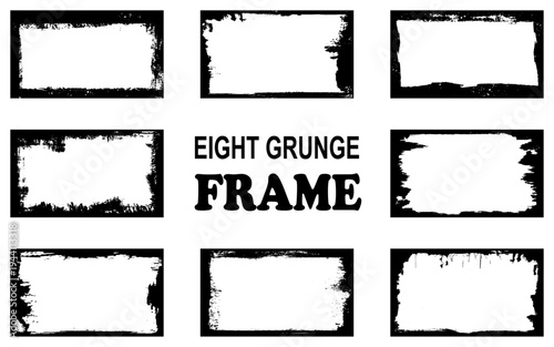 Photo border stroke set - minimalist black rectangular edges with scratched grungy perimeter and distressed worn texture. Realistic clean monochrome frames. 