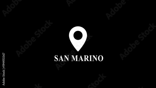 San marino location pin animation on black background, travel and tourism, destination marker