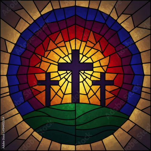 Stained glass window showing three crosses on hill at sunset. Christian religious symbol of crucifixion for Easter. Church artistic background with Jesus death and resurrection concept.
