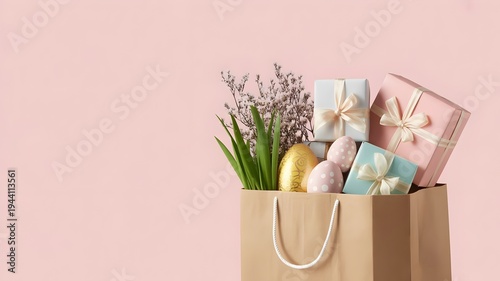 Easter gift preparation with pastel boxes, golden egg and flowers in paper bag