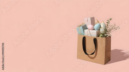Brown paper shopping bag filled with Easter gifts, painted eggs and eucalyptus branches