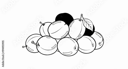 A cluster of plump plums, some with stems and a leaf