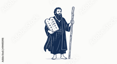 An illustration of a man in a robe holding tablets and a staff.