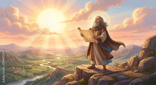 Ancient prophet standing on cliff holding scroll overlooking serene valley landscape