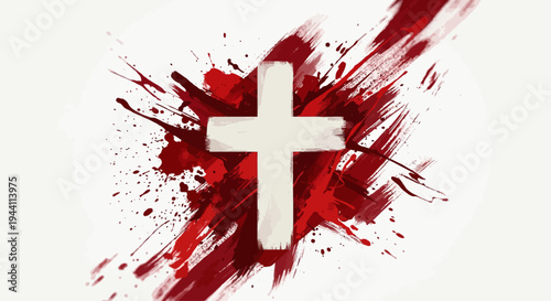 A white cross symbol stands out on a vibrant red paint splatter background.