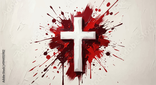 A white cross stands out against a vibrant red and black paint splatter on a beige wall background.