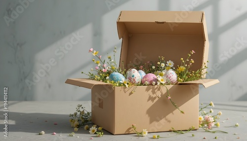 Cardboard box filled with decorative easter eggs and wild flowers