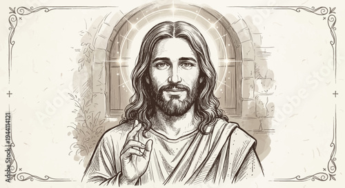A serene illustration of Jesus Christ standing in front of an ancient stone archway.