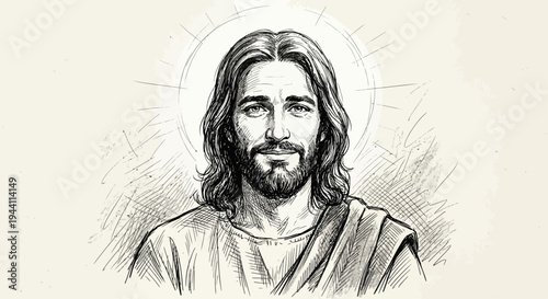 A serene portrait of Jesus Christ with a halo, long hair, and a gentle expression, wearing a robe, depicted in a simple yet emotive illustration.