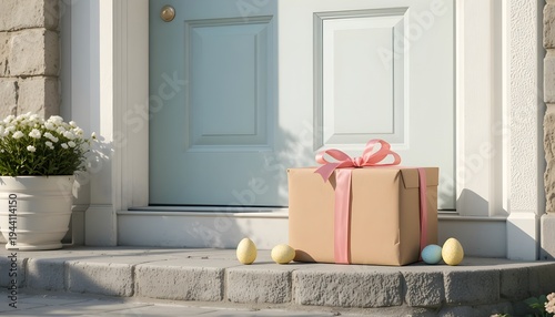 Surprise easter gift box and eggs on doorstep of a house