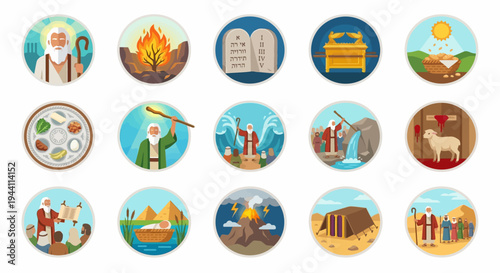 Biblical scenes depicted in circular illustrations on a white surface