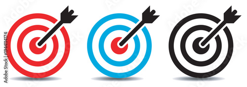 Three colorful target arrows hitting bullseye flat design vector illustration