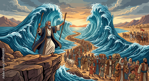 Moses standing on a rocky cliff raises his staff as massive waves part to reveal a pathway for the crowd of people following him.
