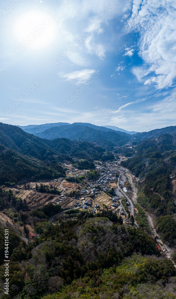Fototapeta premium 妻籠城跡の上空より望む妻籠宿（縦写真）