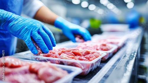 Worker with blue gloves organizes plastic containers filled with raw chicken meat for packaging on conveyor belt in food processing facility
