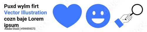 Love, emotions, research, happiness, analysis, inquiry. Blue heart, smiling face and magnifying glass with text. Love and research concept blending emotion expression and inquiry