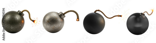 Photos Realistic 3D renders of vintage bombs with fuses, isolated on transparent, for danger