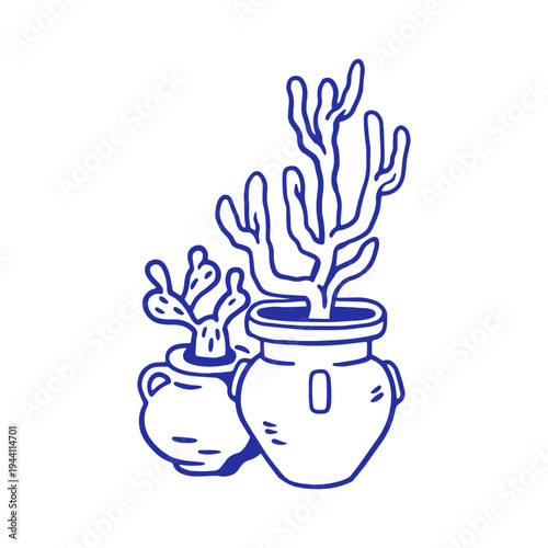 Cactus plants in pot. Cacti houseplants in planters, exotic tropical decoration in retro doodle sketch style. Outline line art drawing. Hand-drawn vector illustration isolated on white background
