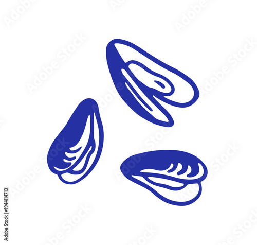 Mussels, sketch doodle drawing. Sea marine food, molluscs. Scribble drawn seafood, mollusk shells, clamps. Beach coastal seashells. Outline contour vector illustration isolated on white background