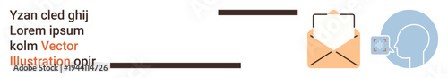 Email management, digital communication, identity verification, information security, online authentication, user interaction. Open envelope next to a head profile and ID icon. Email management