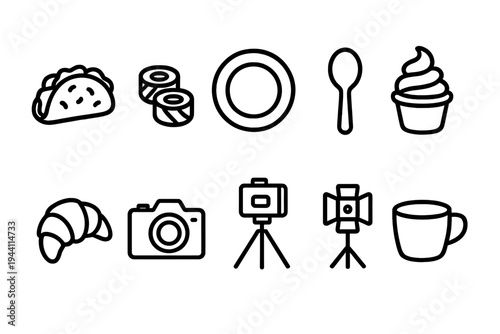Food and photography outline icon set for dining and camera enthusiasts