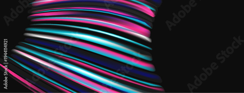 Abstract ribbons swirl, vibrant pinks, blues dominate dark background. Modern design evokes movement, energy, sleekness.