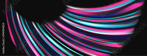 Abstract flowing lines create dynamic visual. Vivid colors blend, forming curved shapes against dark background. Modern design element.