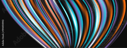 Abstract colorful waves form curved pattern. Dark background emphasizes vibrant hues, creating dynamic visual effect.