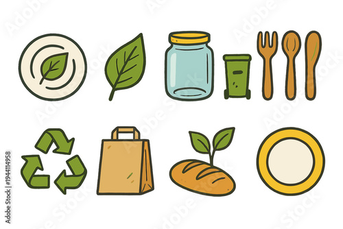 Eco-friendly, sustainable flat icon set. Recycling, green living icons collection