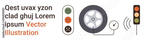 Transportation safety, urban planning, vehicle speed monitoring, traffic solutions, road safety, smart systems. Styled icons a wheel, speed gauge and traffic light system. Traffic safety and smart