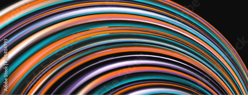 Abstract colorful lines form semicircle against dark background. Vibrant hues create dynamic visual effect. Smooth gradients present modern aesthetic.