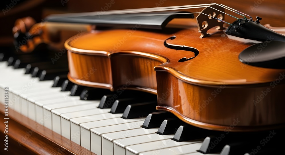Fototapeta premium Classical Violin Resting on Piano Keys Elegant Classical Music Instruments With Warm Cinematic Lighting Artistic Concert Concept