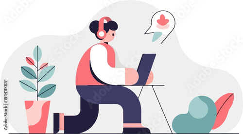 Person wearing headphones works on a laptop next to plants