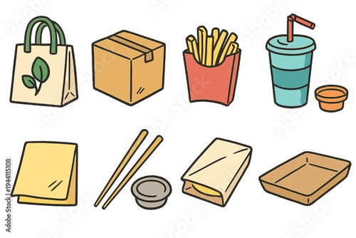 Sustainable food packaging icon set. Eco-friendly, flat icons for waste reduction