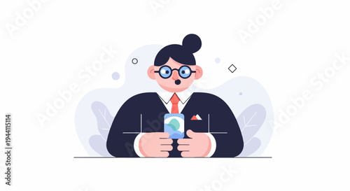 Flat illustrated person in suit holds smartphone displaying abstract image