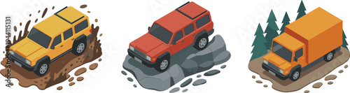 Isometric off road vehicles set with SUV and cargo truck driving through mud rocks and forest terrain adventure illustration