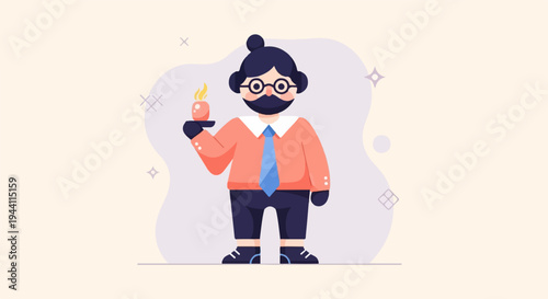Cartoon character in formal attire holds a lit candle on a tray