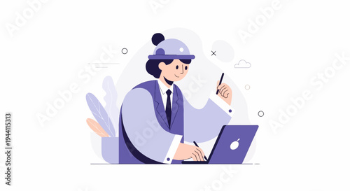 Person in suit and hat working on laptop with stylus
