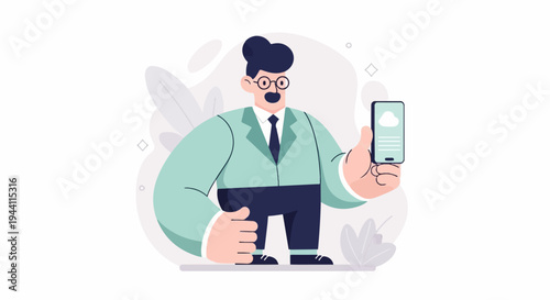 Businessperson in a light suit holds a smartphone displaying a cloud icon