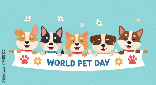 Cute dogs celebrate world pet day with colorful banner and flowers on blue background