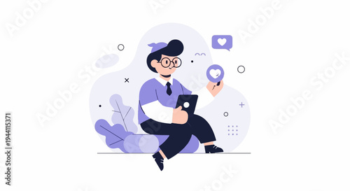 A person sits in a stylized setting, engaging with a digital device and a heart symbol