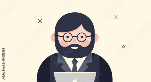 Animated man with beard, glasses, suit, and laptop