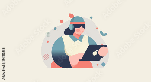 Stylized person wearing headphones and a headband uses a tablet device